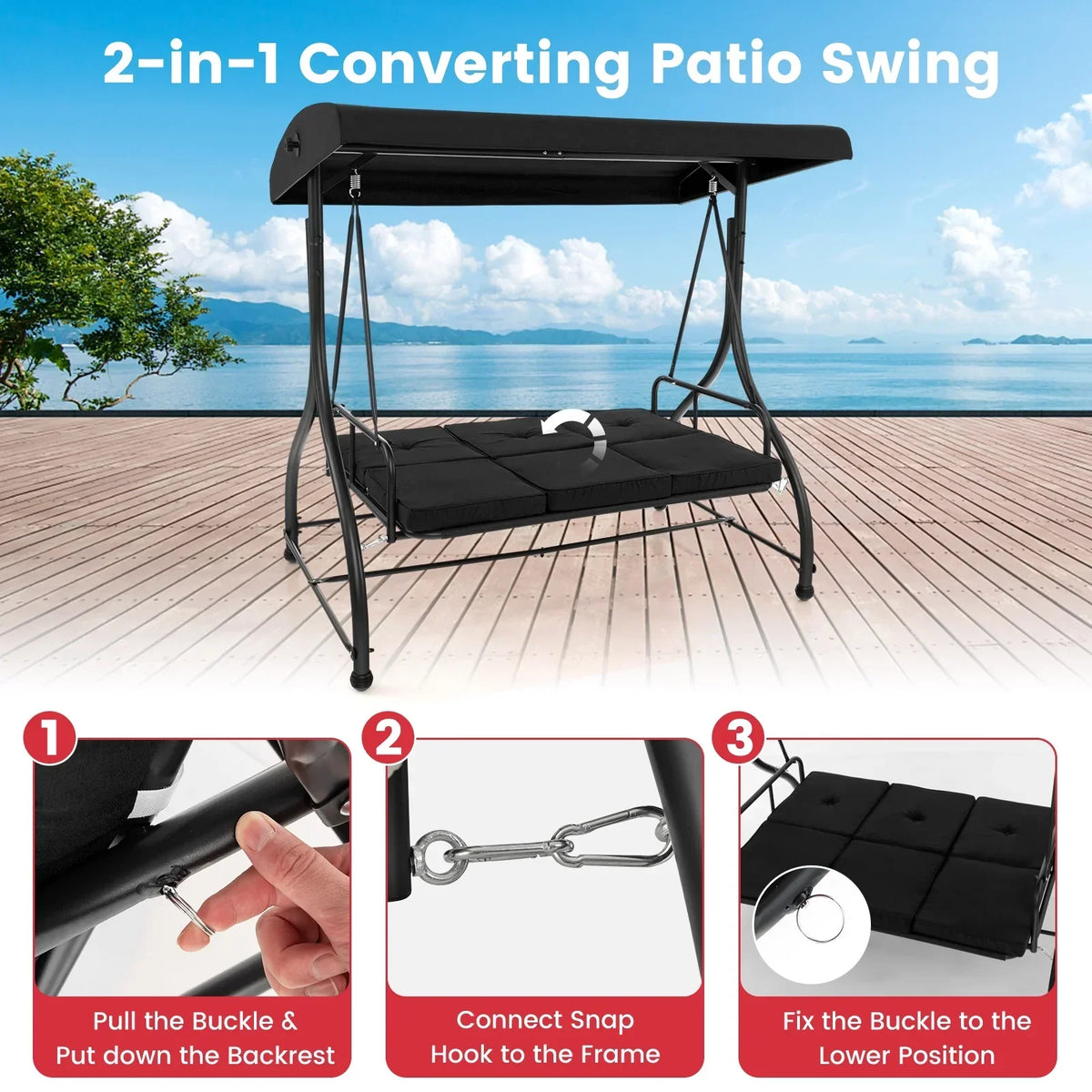 2026 NewCostway 3-Seat Outdoor Converting Patio Swing Glider Adjustable Canopy Porch Swing Black
