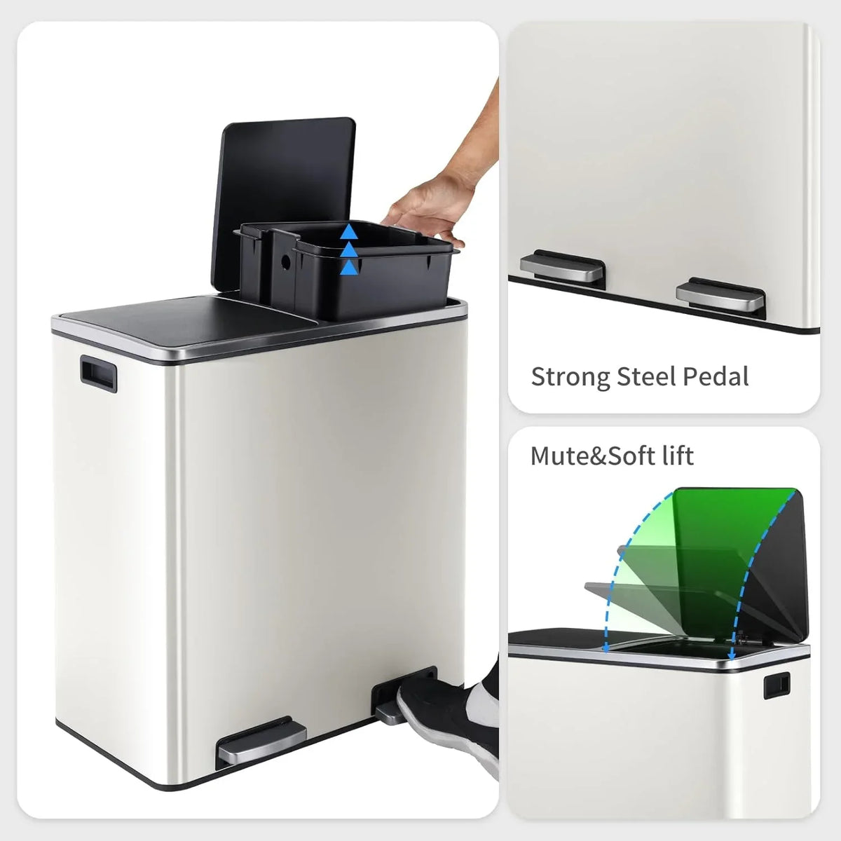 2026 NewArlopu 60 L/16 gal Dual Trash Can, Stainless Steel Garbage Can for Kitchen, Recycle Bin with Lid