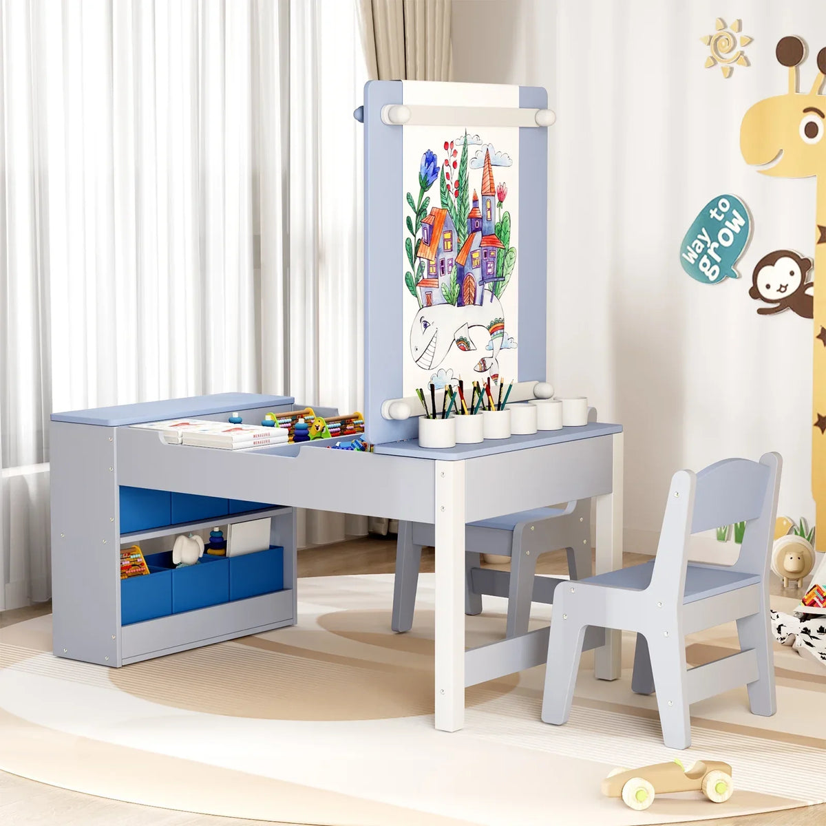 2026 NewLAZY BUDDY Kids Art Table and 2 Chairs Set, 2 in 1 Easel & Toddler Craft Table and Chairs Set with Storage Bins, Paint Cups and Paper Roll, Activity Table Set for Children 3+