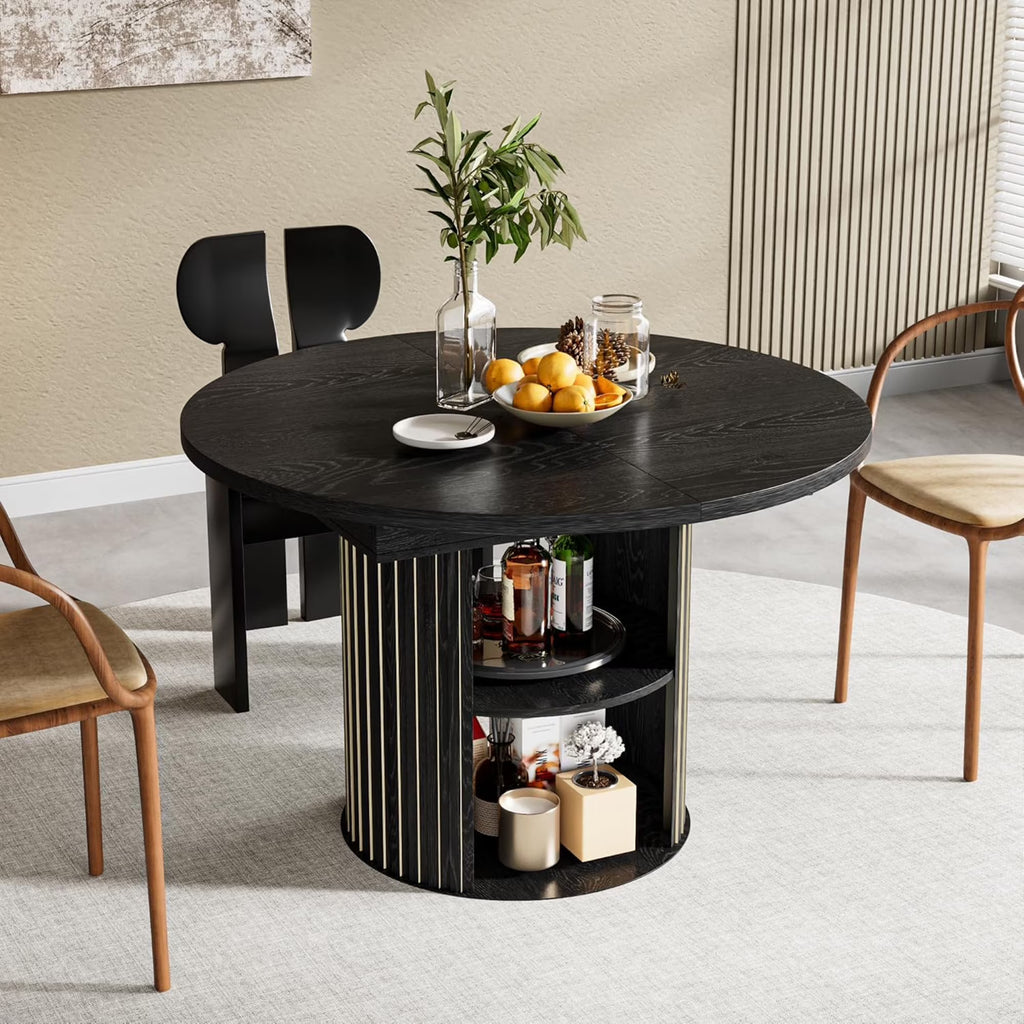 2026 NewExtendable Dining Table for 4-6, Round Kitchen Table with Storage Shelf, Oval Dining Tables for Living Room (Walnut)