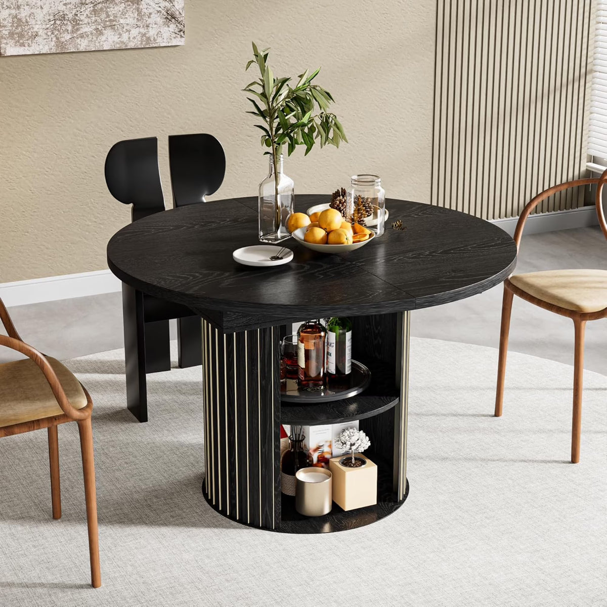 2026 NewExtendable Dining Table for 4-6, Round Kitchen Table with Storage Shelf, Oval Dining Tables for Living Room (Walnut)