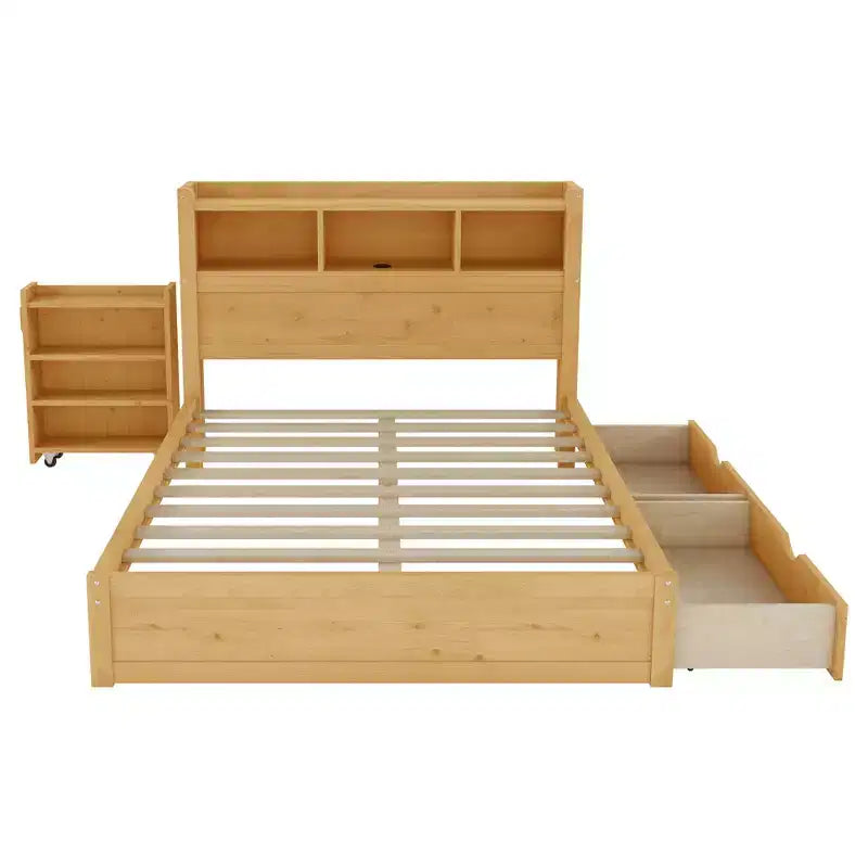 2026 Cama plataforma moderna de madera con cajones de almacenamiento y cabecero LED, natural/blanco, Twin/Full