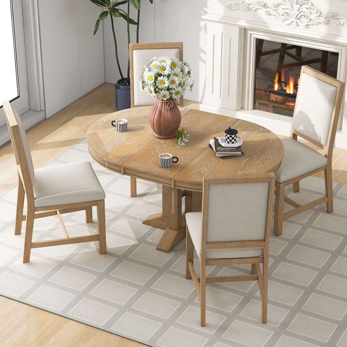 2026 New5 Piece Round Dining Table Set, Dining Room Set with Extendable Table and 4 Upholstered Chairs, Wood Dining Table Set for 4, Farmhouse Dining Table Set for Kitchen Dining Room Dorm Apartment, Brown
