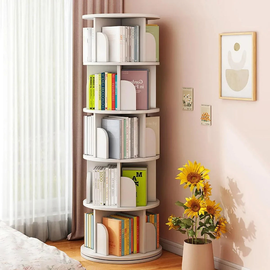 2026 NewBimiti 5 Tier Rotating Bookshelf, 360?" Revolving Bookcase 20 Shelves Floor-Standing Storage Display Rack - White 63"x18"x18", Adult