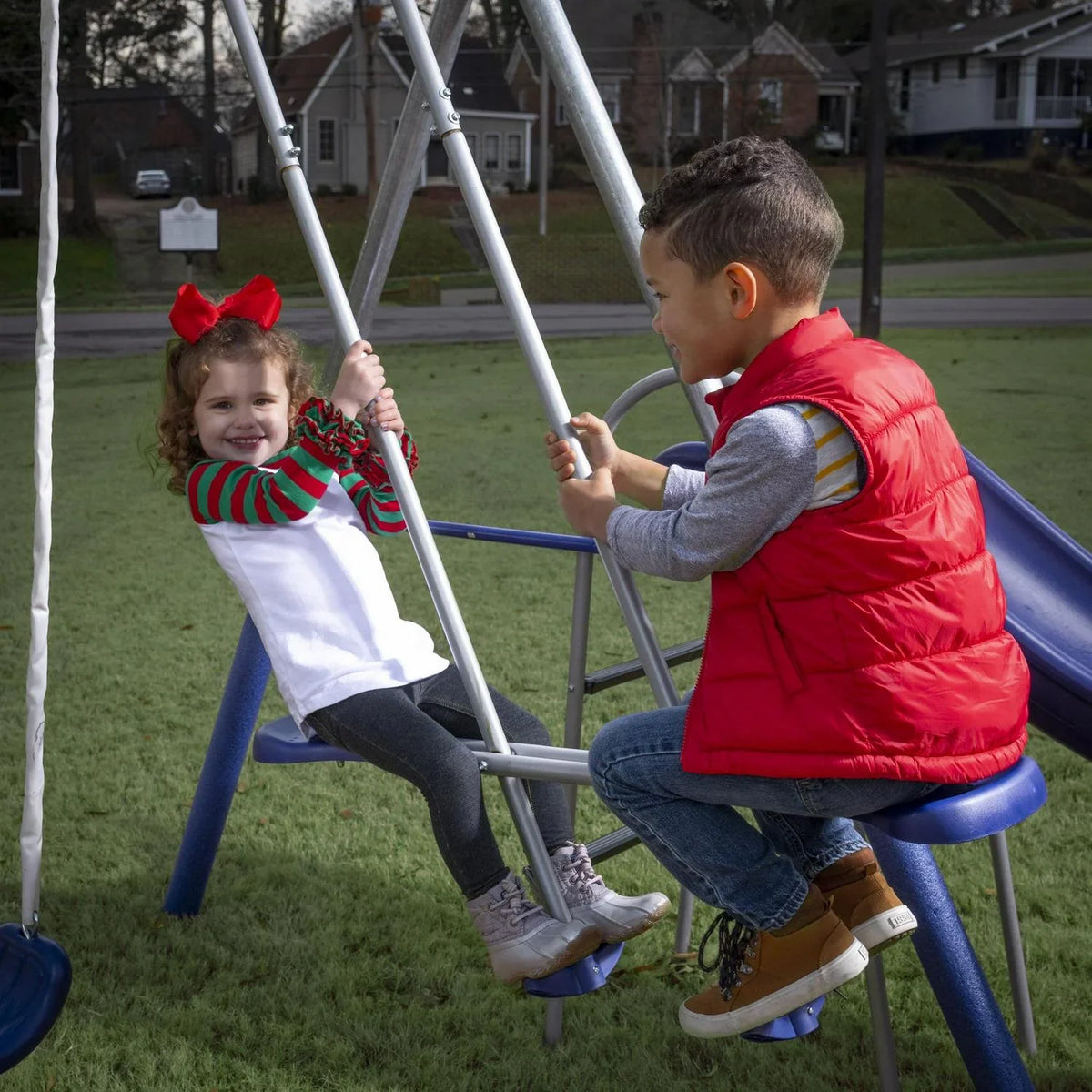 2026 NewXDP Recreation Fun All-Mighty Metal Swing Set with Super Disc Swing. Stand R Swing. Glider. & Slide