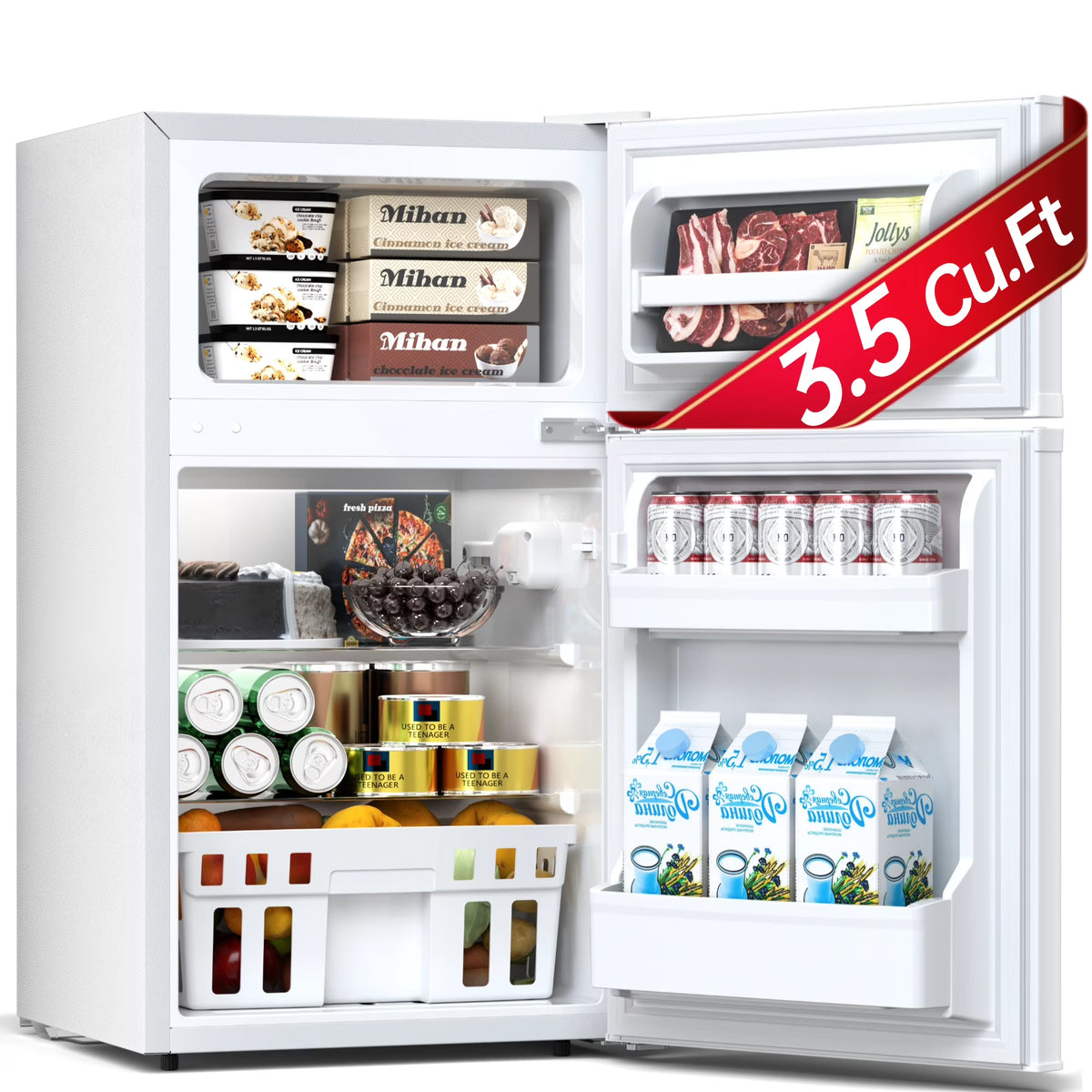 2026 NewAuseo 3.1 Cu.Ft Double Door Mini Fridge with Freezer, Compact Retro Refrigerator for Dorm, Office, Bar, Bedroom, Black