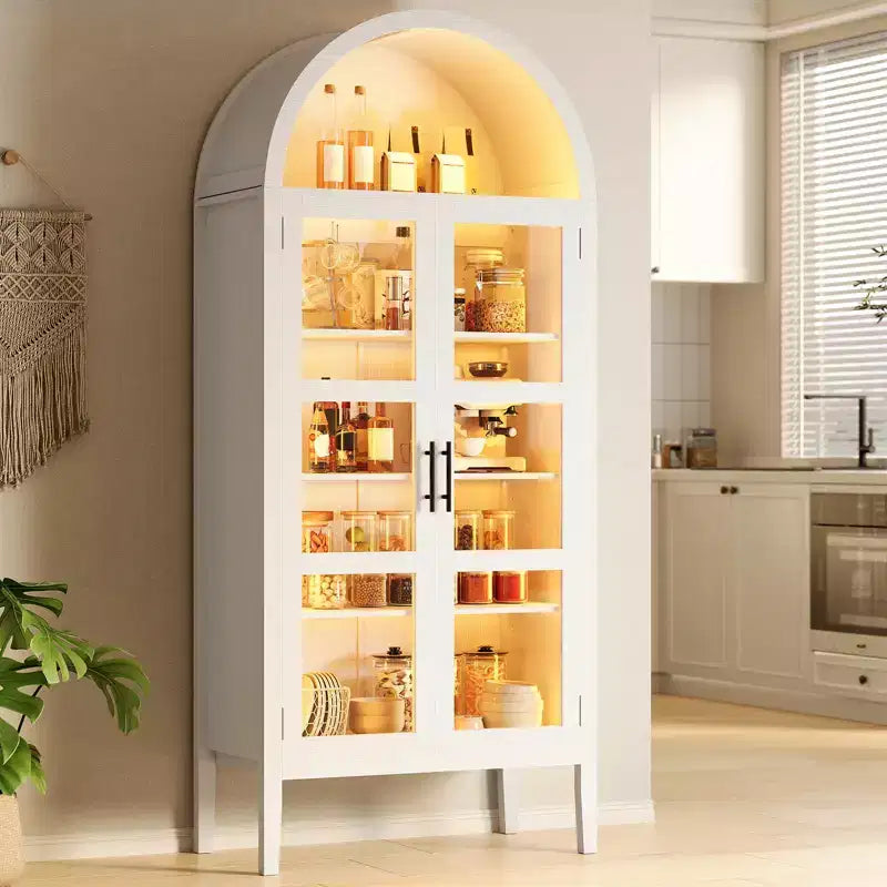 2026 Armario de almacenamiento arqueado negro/blanco de 71" con luces LED y puertas de cristal