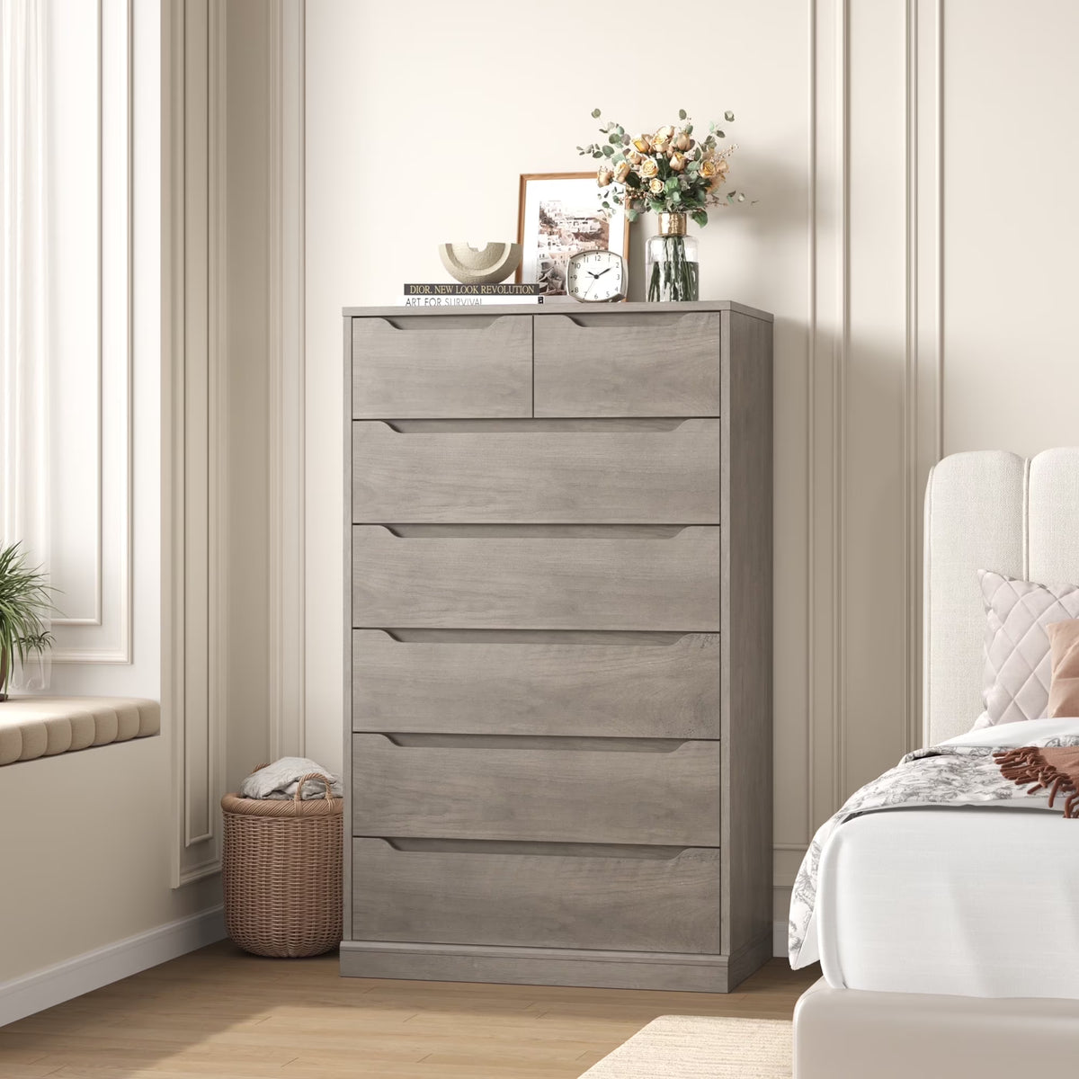 2026 NewHomfa 7 Drawer White Dresser, 51.3"H Wood Storage Cabinet with Upgraded Stable Base, Vertical Chest for Bedroom Living Room