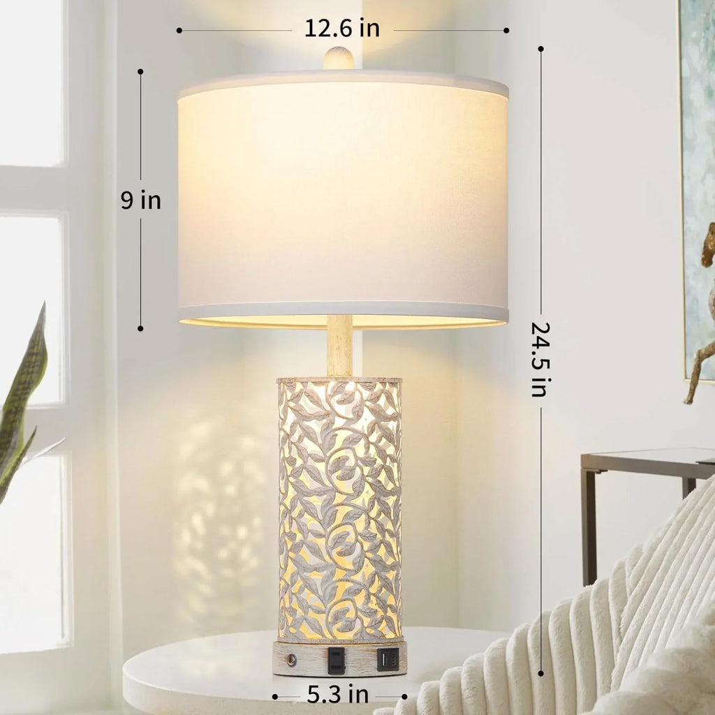 2026 NewCinkeda Table Lamp Set of 2 for Living Room Bedroom with USB Ports AC Outlet 3 Way Dimmable Touch Nightlight Farmhouse White Floral Nightstand Bedside Lamps