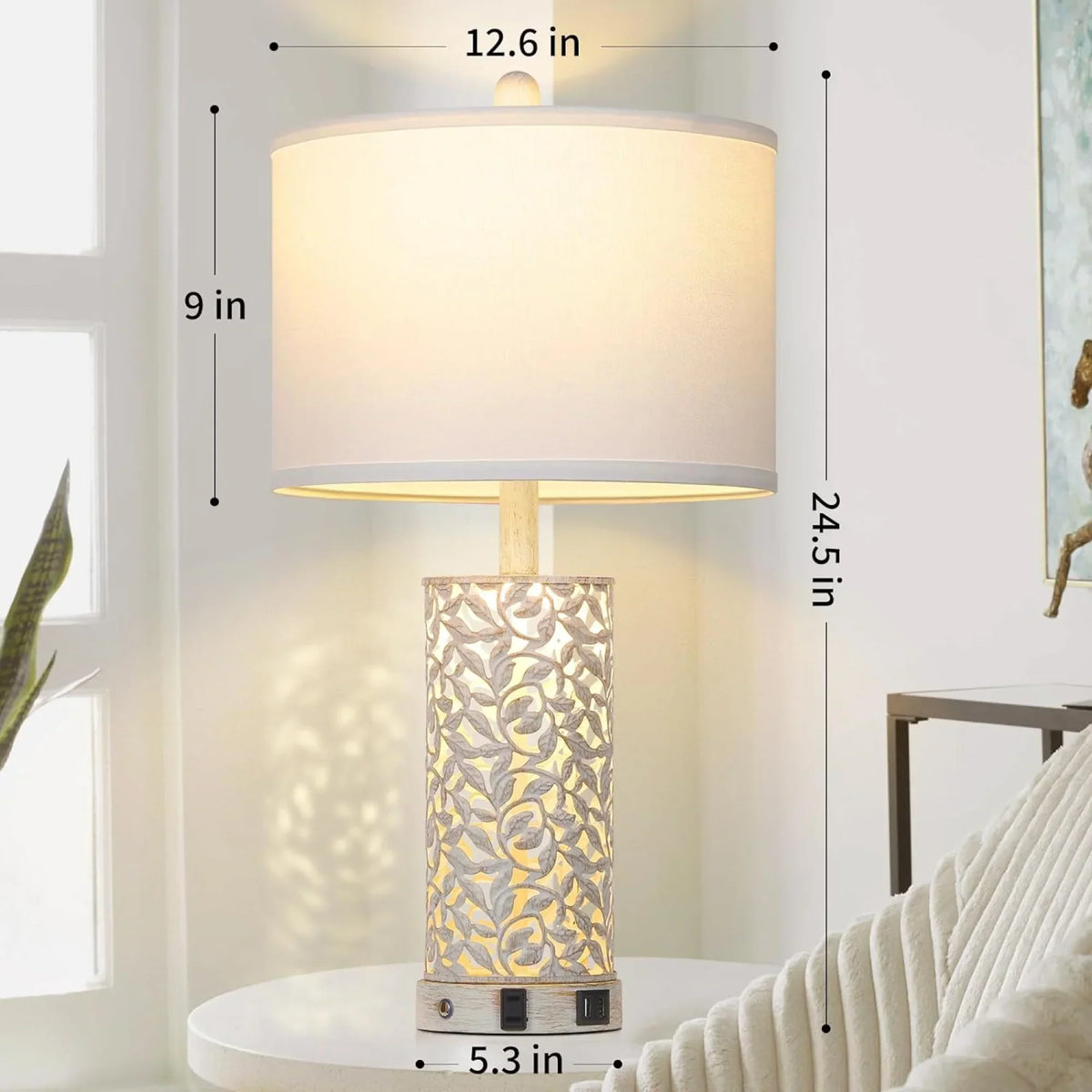 2026 NewCinkeda Table Lamp Set of 2 for Living Room Bedroom with USB Ports AC Outlet 3 Way Dimmable Touch Nightlight Farmhouse White Floral Nightstand Bedside Lamps