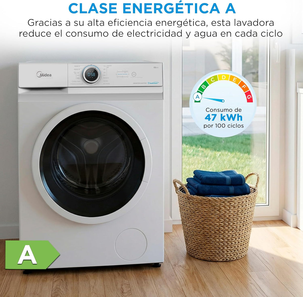 2026 Midea Lavadora de carga frontal 8 kg, 1950 W, 1350 rpm, motor Inverter, 15 programas, HealthGuard, lavado rápido, vapor y modo Eco