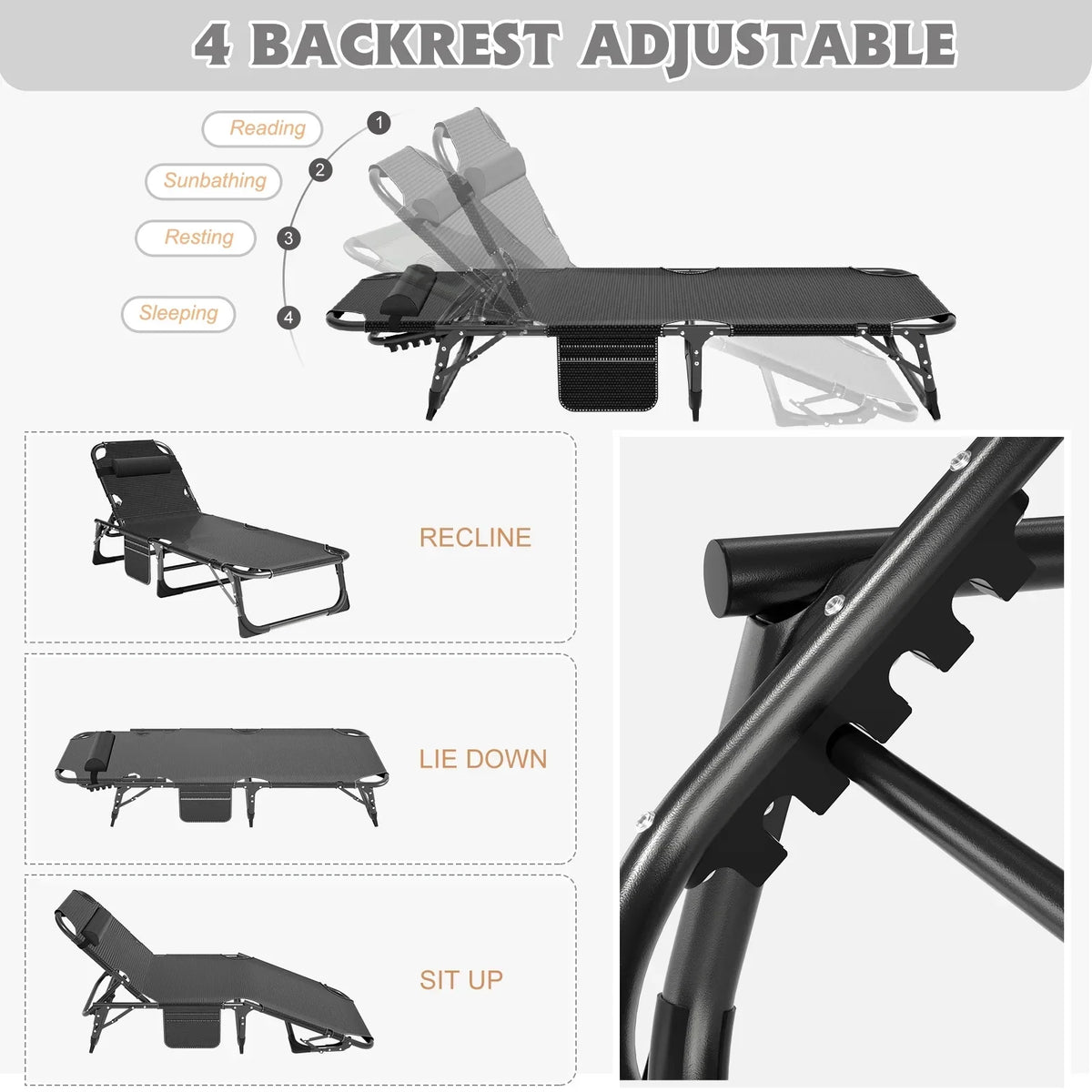 2026 NewMOPHOTO Lounge Chair with Mattress, Outdoor Chaise Lounge Support 440 Lbs, Adjustable Portable Heavy Duty Sleeping Cots Bed for Camping, Pool, Beach, Patio