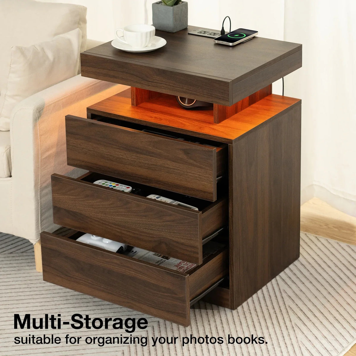 2026 NewHommpa LED Nightstand Wireless Charging Station USB Type C Outlets Bedside Table 3 Drawers Black Night Table Modern Smart Nightstand High Gloss End Side Table for Bedroom Furniture 26.8" Tall