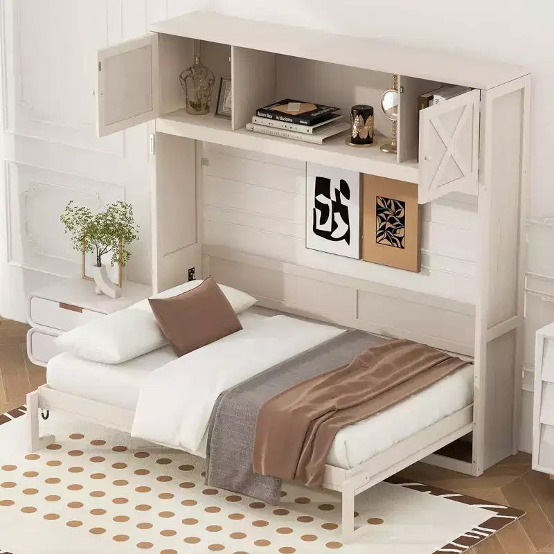 2026 Cama abatible tamaño Full con armarios de almacenamiento y estructura de madera, beige