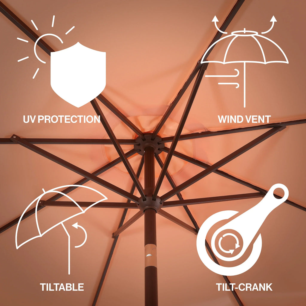 2026 NewJONATHAN Y Tracy 9 ft. Market Patio Umbrella, Classic Mid-Century Scalloped Fringe, with Auto-Tilt Crank, Wind Vent and UV Protection, Coral Pink/White, Dark Brown Pole