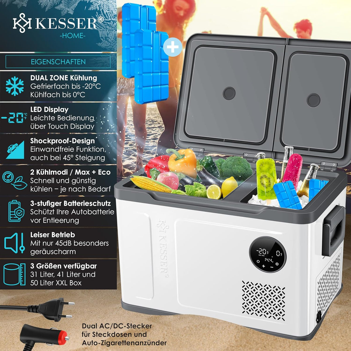 2026 Nevera portátil con compresor KESSER 2 en 1, doble zona de refrigeración y congelación, con 2 acumuladores de frío y control táctil LED | Refrigerador con capacidad de enfriamiento hasta -20 °C para camping, coche y camión, 12/24 V 230 V
