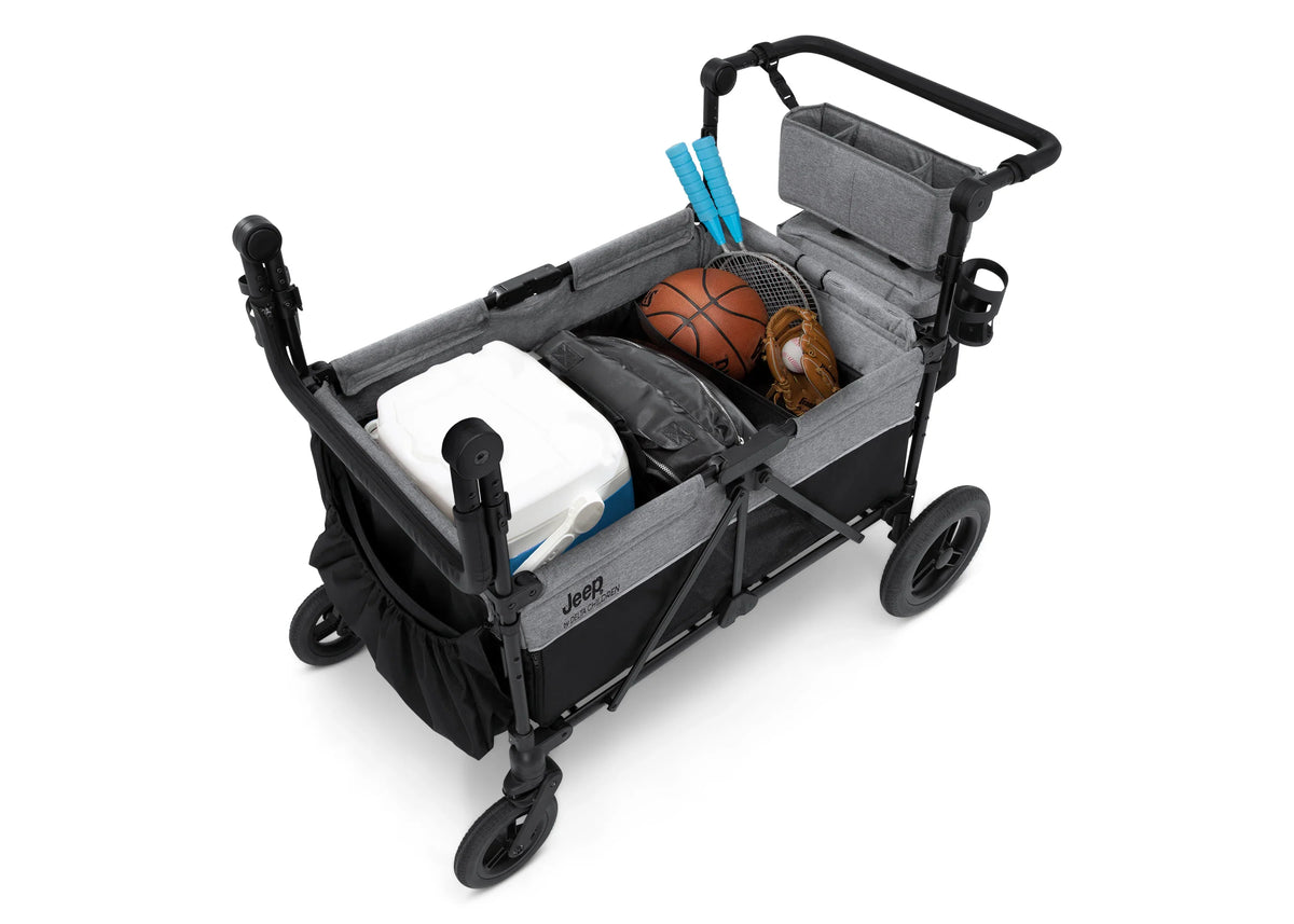 2026 Carrito-Paseador Jeep Wrangler Deluxe para 4 Niños – Capota Desmontable, Bolsa Térmica, Asientos Modulares, Almacenamiento XXL, Ruedas Antipinchazos, Manillares Ajustables
