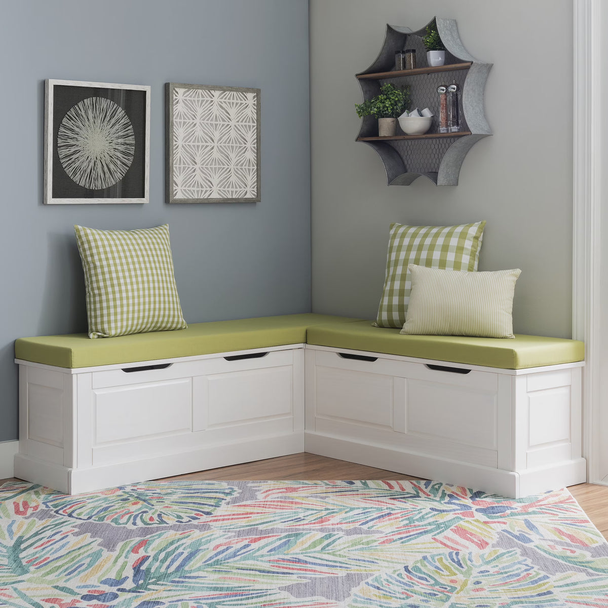 2026 NewLinon Romero Backless Corner Nook with Storage, 5-Piece Cushion Set, Natural/White/Beige