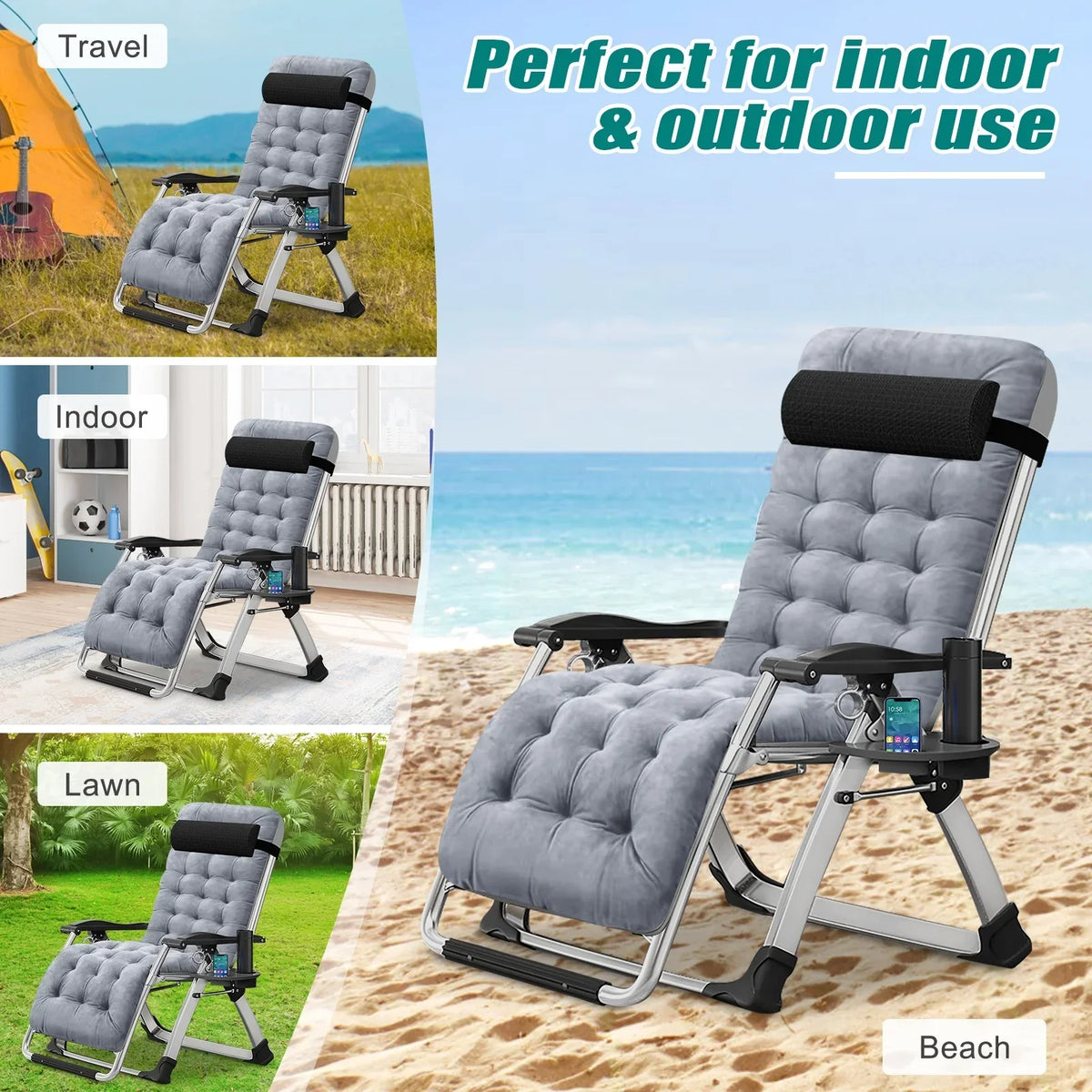 2026 NewNAIZEA 2 Pack Zero Gravity Chair, Foldable Portable Lawn Recliner with Cushion, Headrest, Cup Holder, Black