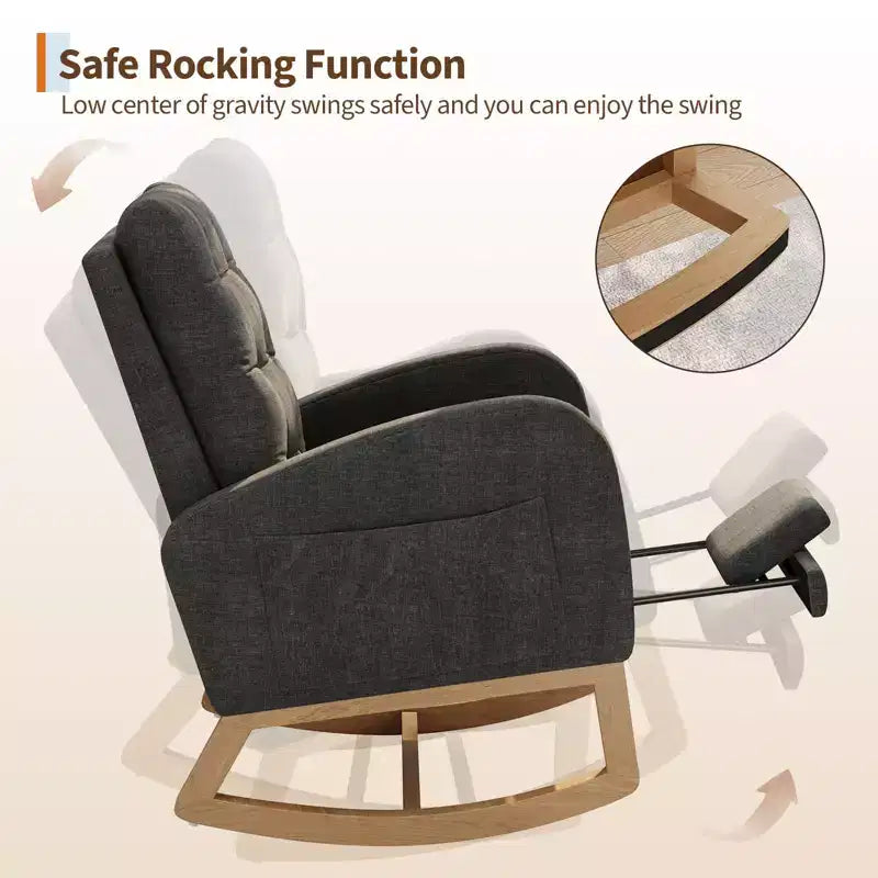 2026 Sillón mecedora deslizante tapizado con bolsillo lateral, estructura de madera, 1 plaza