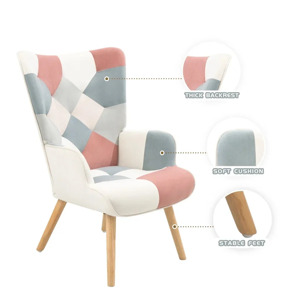 2026 NewModern Accent Chair with Solid Wood Legs and High Wing Backrest, Side Chair Set with Ottoman, Comfy Side Armchair for Living Room, Reading Room, Bedroom, Colorful Patchwork