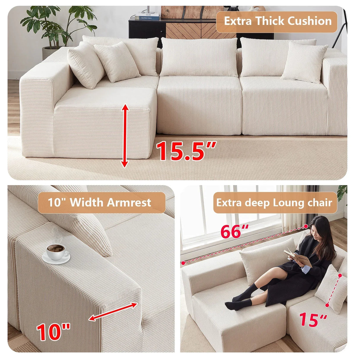 2026 New104-Inch Corduroy Modular L Shaped Sectional Sofa,Luxury Floor Couch Set,Upholstered Indoor Furniture,Foam-Filled Compressed Sofa for Living Room,Bedroom,4 PC Free Combination