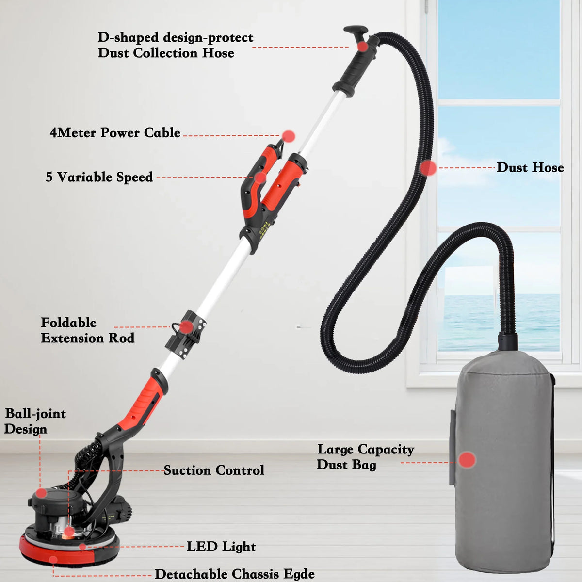 2026 NewPOVANLI 780W Electric Drywall Sander with Vacuum Dust Collection, 6.5A Motor Dustless Floor Sander with Variable Speed 900-1800RPM, LED Light, Extendable & Foldable Handle Yellow+Black