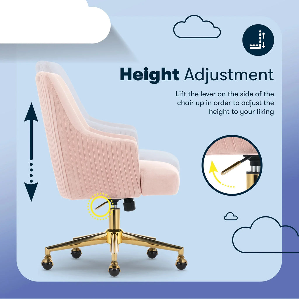 2026 NewSerta Scarlett Modern Mid-Back Office Chair Velvet Fabric Gold Metal Base Pink