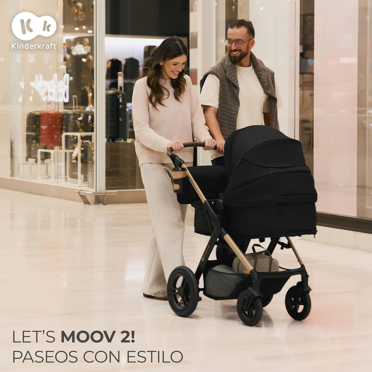 2026 Kinderkraft MOOV XL 3 en 1, Carrito bebé hasta 27 kg, Carro, Con Asiento I-SIZE 40-75 cm, Plegable, Amortiguación, Convertible, Capazo XL, Con accesorios, Gris Claro