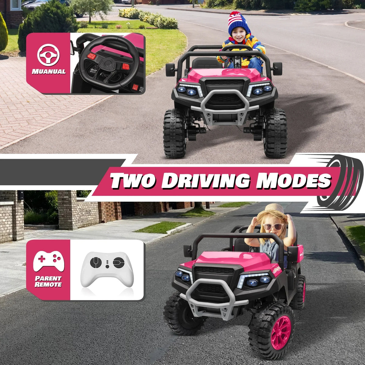 2026 NewJoyracer 4WD 24 Volt Ride on Toys UTV with 2 Seater & Remote Control, Kids Electric Golf Cart w/ 4x200W Power Motors, Tiltable Trailer & Shovel, 4 Wheels Spring Suspension, Bluetooth USB Music, Black