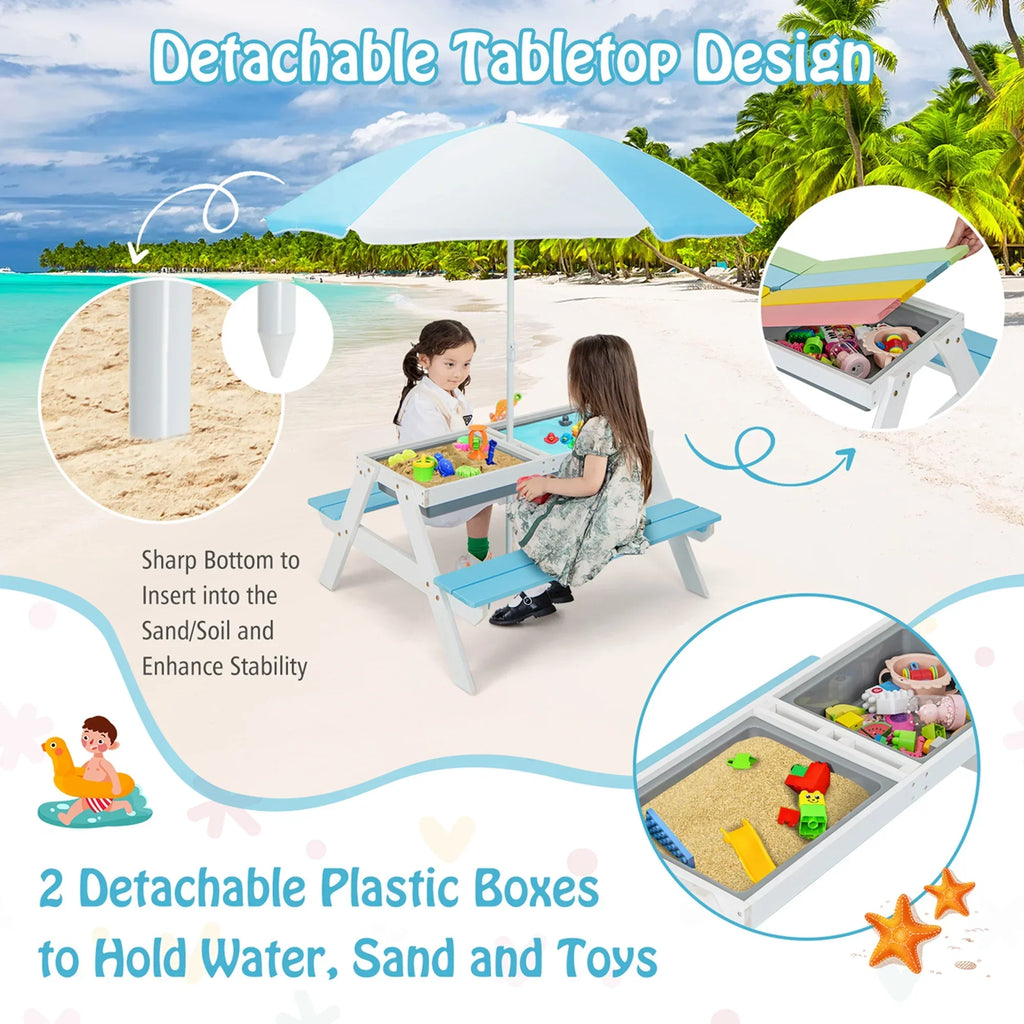 2026 NewCostway 3-in-1 Kids Picnic Table Wooden Outdoor Sand & Water Table with Umbrella Play Boxes Green