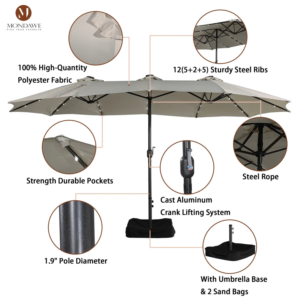 2026 NewMondawe 15ft Patio Umbrella Rectangular Outdoor Market Umbrella with Base and LED Lights Beige