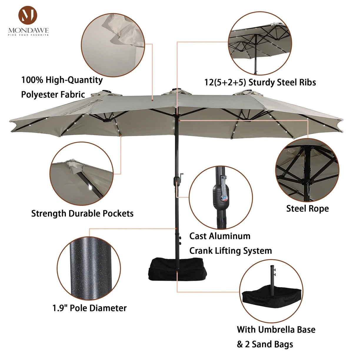 2026 NewMondawe 15ft Patio Umbrella Rectangular Outdoor Market Umbrella with Base and LED Lights Beige