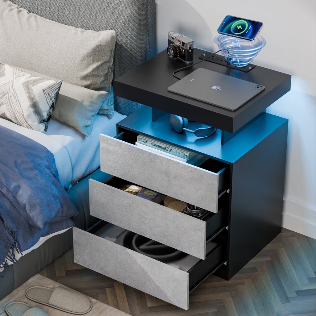 2026 NewHommpa LED Nightstand Wireless Charging Station USB Type C Outlets Bedside Table 3 Drawers Black Night Table Modern Smart Nightstand High Gloss End Side Table for Bedroom Furniture 26.8" Tall