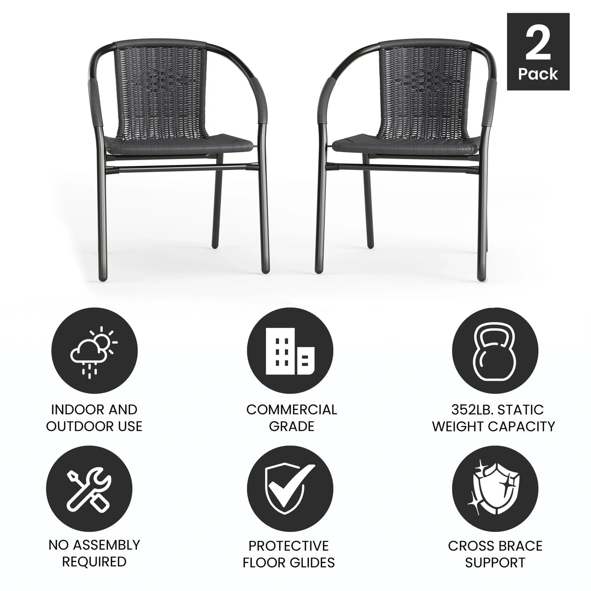 2026 NewEmma + Oliver Indoor/Outdoor Stacking Rattan Restaurant Patio Chairs, Set of 2, Gray