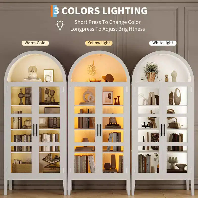 2026 Armario de almacenamiento arqueado negro/blanco de 71" con luces LED y puertas de cristal