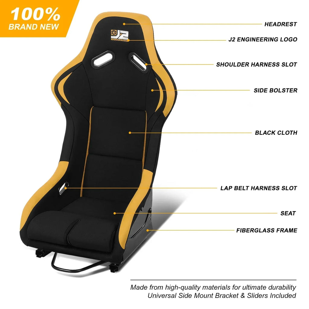 2026 NewJ2 Engineering Pair Universal Bucket Racing Seats Black Yellow Fiberglass Ergonomic Design with Side Mount Brackets