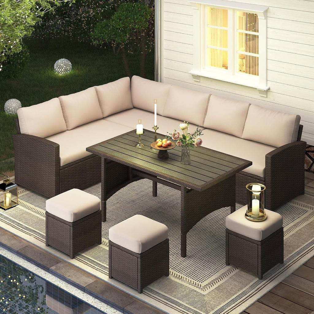2026 NewAECOJOY 7 Piece Patio Furniture Set PE Rattan Outdoor Dining Set Sectional Sofa Couch with Table Patio Conversation Set in Gray