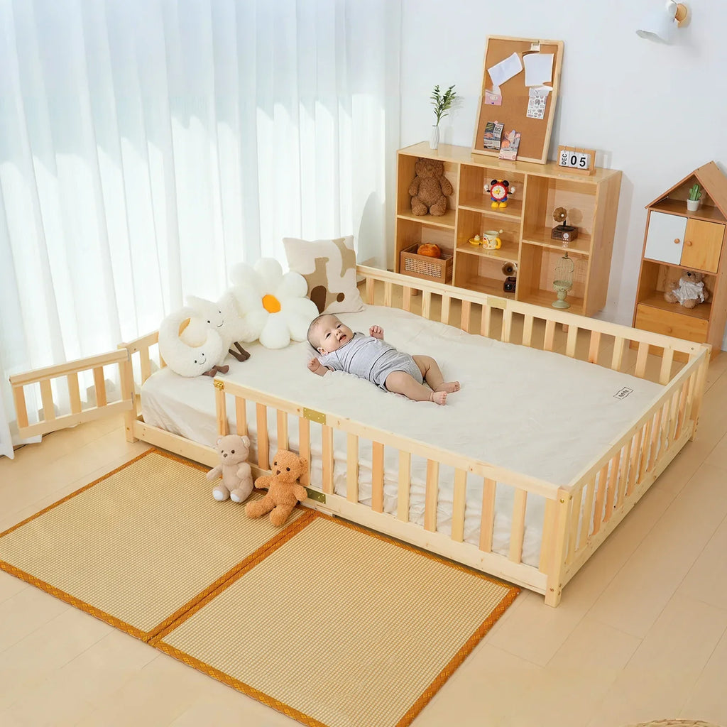 2026 NewSlsy Twin Size Toddler Floor Bed, Solid Wood Montessori Bed Frame with Fence & Door Montessori Floor Bed Crib with Safety Guardrails for Girls and Boys