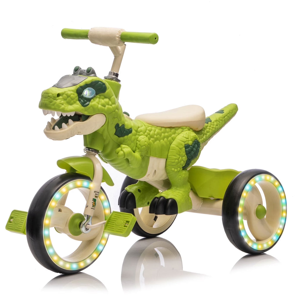 2026 NewXuanlur Kids Ride on Dinosaur Tricycle, Toddlers Kid Trike with Wide Flash Wheels, Anti-Slip Pedals, Rear Basket, Music & LED Lights, Toddler Bike Toys Gift for 3-6 Year Old Boys & Girls (Green)