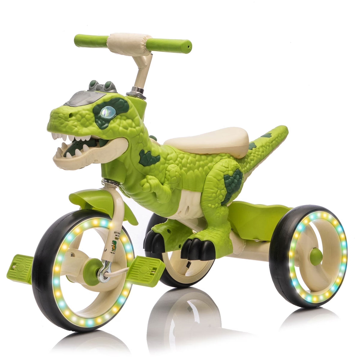 2026 NewXuanlur Kids Ride on Dinosaur Tricycle, Toddlers Kid Trike with Wide Flash Wheels, Anti-Slip Pedals, Rear Basket, Music & LED Lights, Toddler Bike Toys Gift for 3-6 Year Old Boys & Girls (Green)