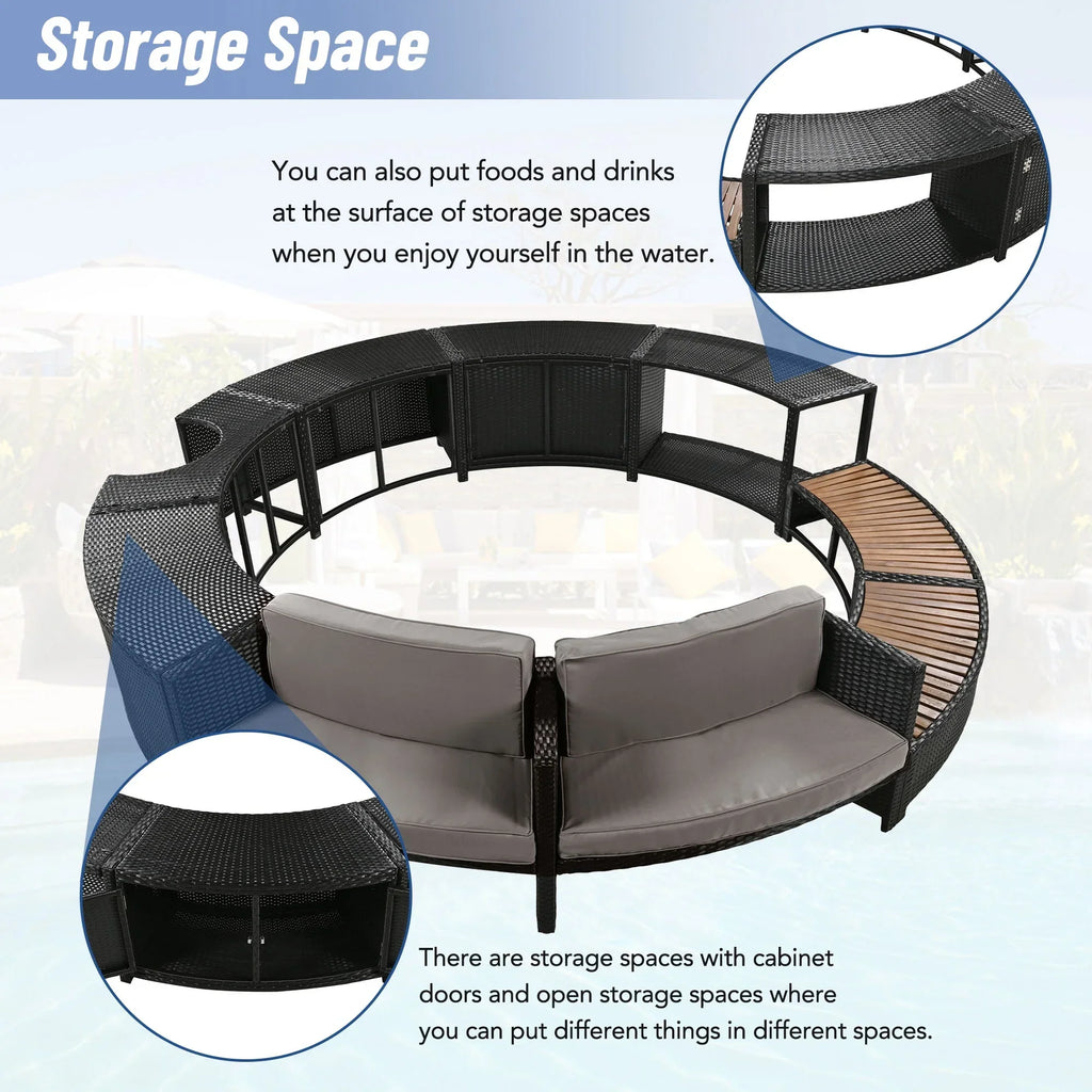 2026 NewRound Hot Tub Surround Furniture, Spa Surround Outdoor Rattan Sectional Sofa Set with Mini Sofa, Solid Acacia Wood Hot Tub Storage Surround Patio Furniture Set, Gray Cushion