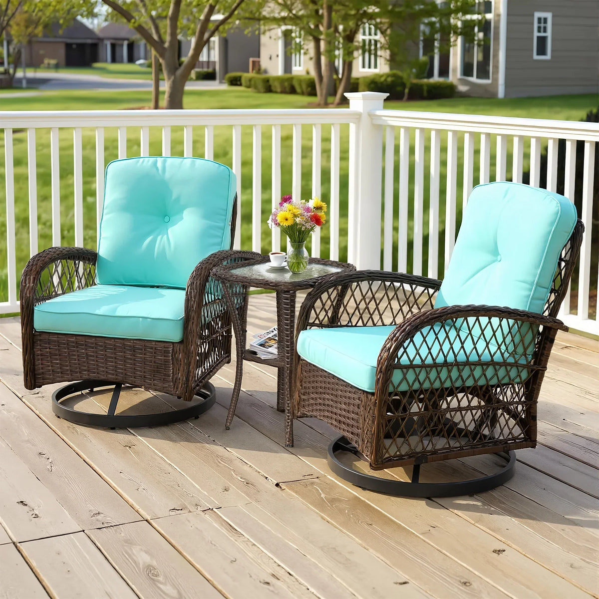 2026 New3 Piece Patio Swivel Rocker Chairs Set, 2 360-Degree Swivel Rocking Chairs with 1 Glass Top Table, PE Rattan Outdoor Bistro Set with Cushions for Balcony Deck Poolside Backyard Porch