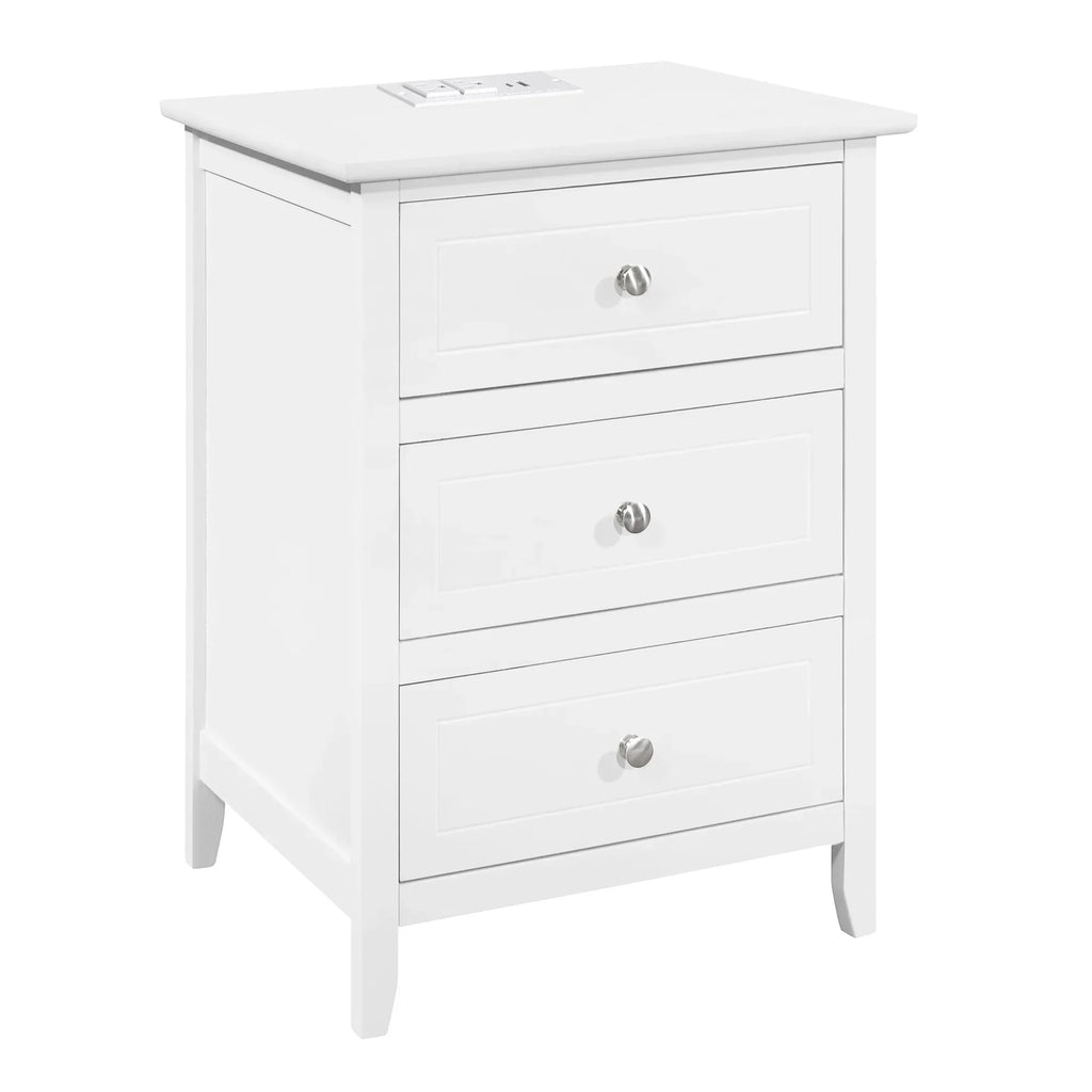 2026 NewGlavbiku Modern White 3 Drawer Nightstand Set of 2 with USB Ports & Power Outlets for Bedrooms,Adult