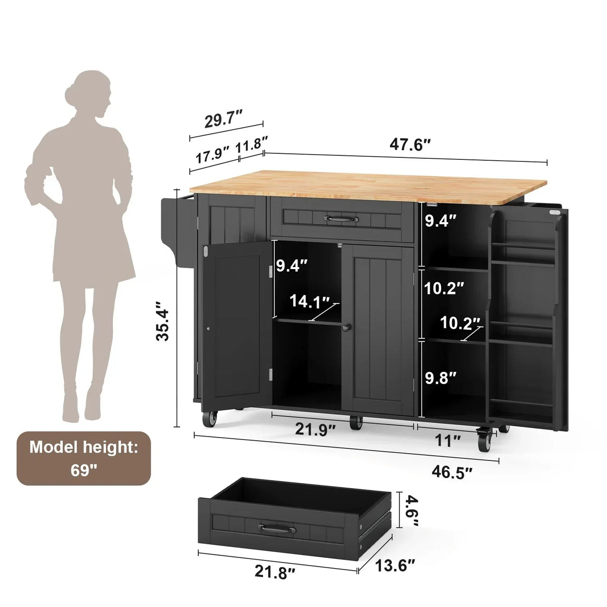 2026 NewNoelse Kitchen Island with Storage, Island Table for Kitchen with Drop Leaf, Spice Rack, Towel Bar for Small Kitchens, White