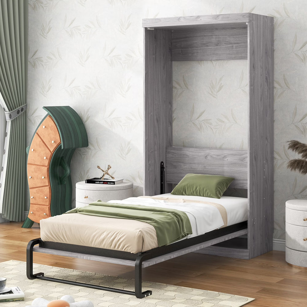 2026 NewEuroco Pine Wood Twin Size Murphy Bed, Convertible Wall Bed into A Cabinet, Gray