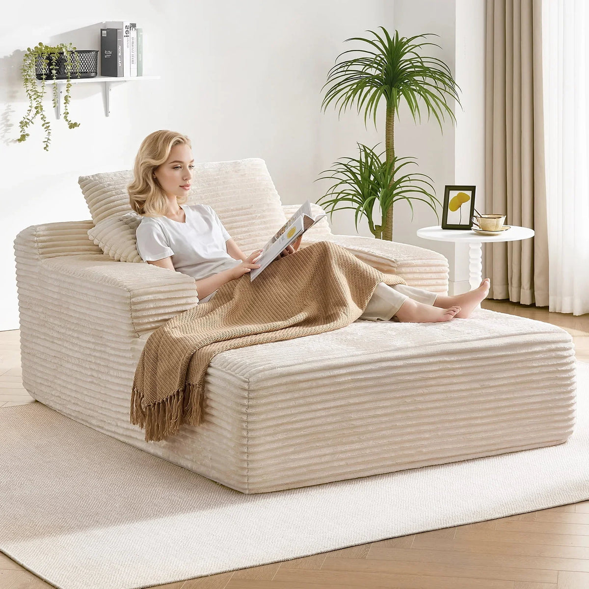 2026 New65" Corduroy Cloud Sleeper Chaise Lounge Chair, No Assembly Sofa Bed with Pillows, Beige