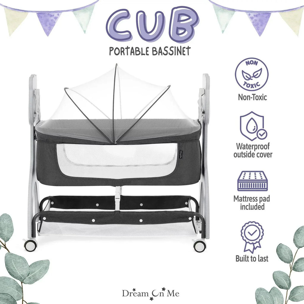2026 NewDream on Me Cub Portable Bassinet in Dark Grey. Multi-Use Baby Bassinet with Locking Wheels