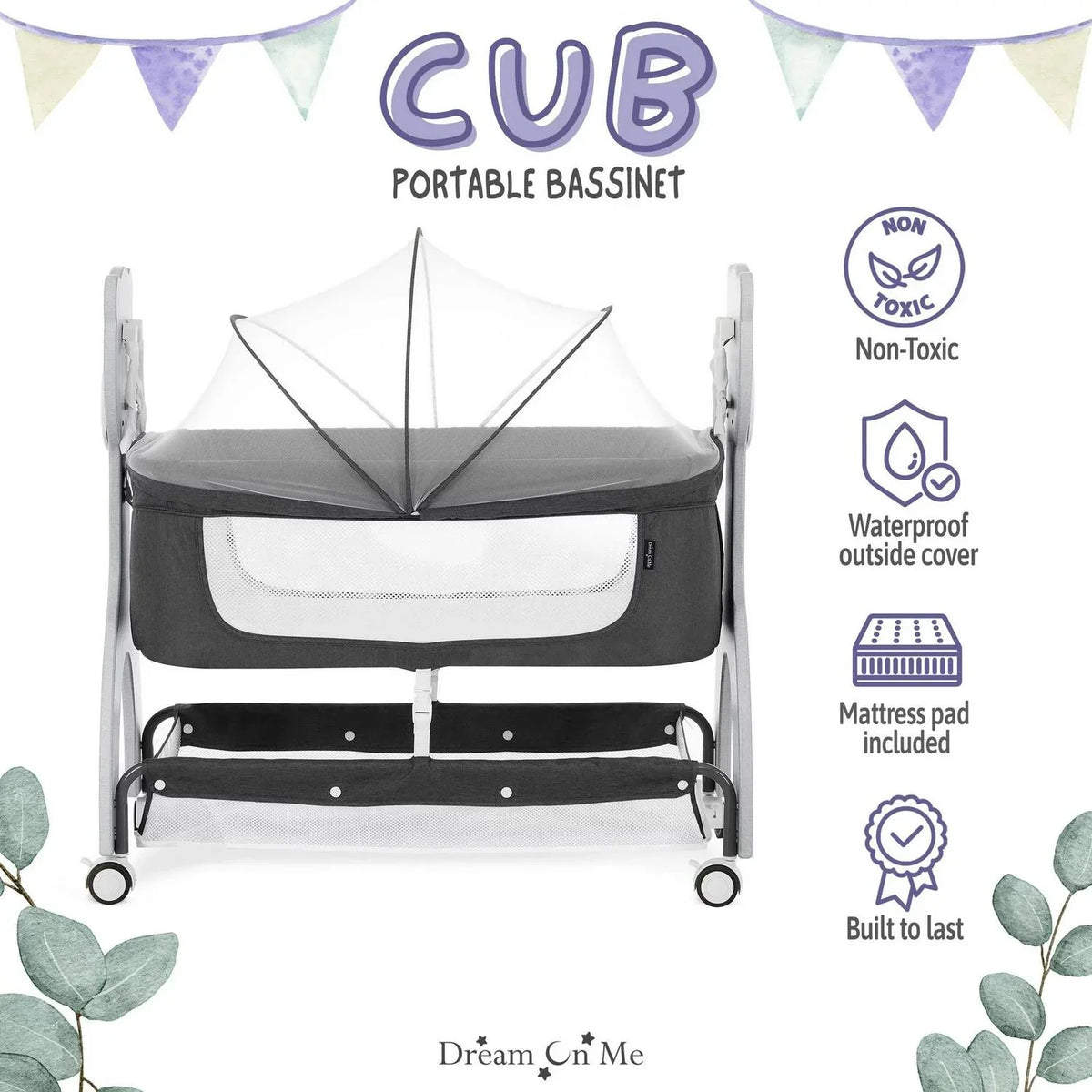 2026 NewDream on Me Cub Portable Bassinet in Dark Grey. Multi-Use Baby Bassinet with Locking Wheels
