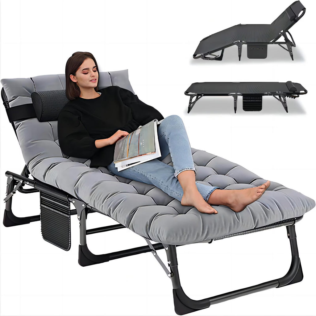 2026 NewMOPHOTO Lounge Chair with Mattress, Outdoor Chaise Lounge Support 440 Lbs, Adjustable Portable Heavy Duty Sleeping Cots Bed for Camping, Pool, Beach, Patio